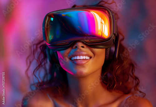 black girl in futuristic fancy clothes wearing futuristic virtual reality goggles