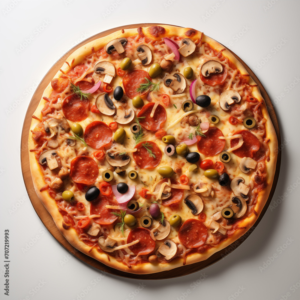 Top view of pizza isolated on white background. Photo for restaurant menu, advertising, delivery, banner Top view of pizza isolated on white background. Photo for restaurant menu, advertising, delivery, banner