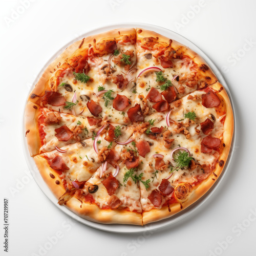 Top view of pizza isolated on white background. Photo for restaurant menu, advertising, delivery, banner
