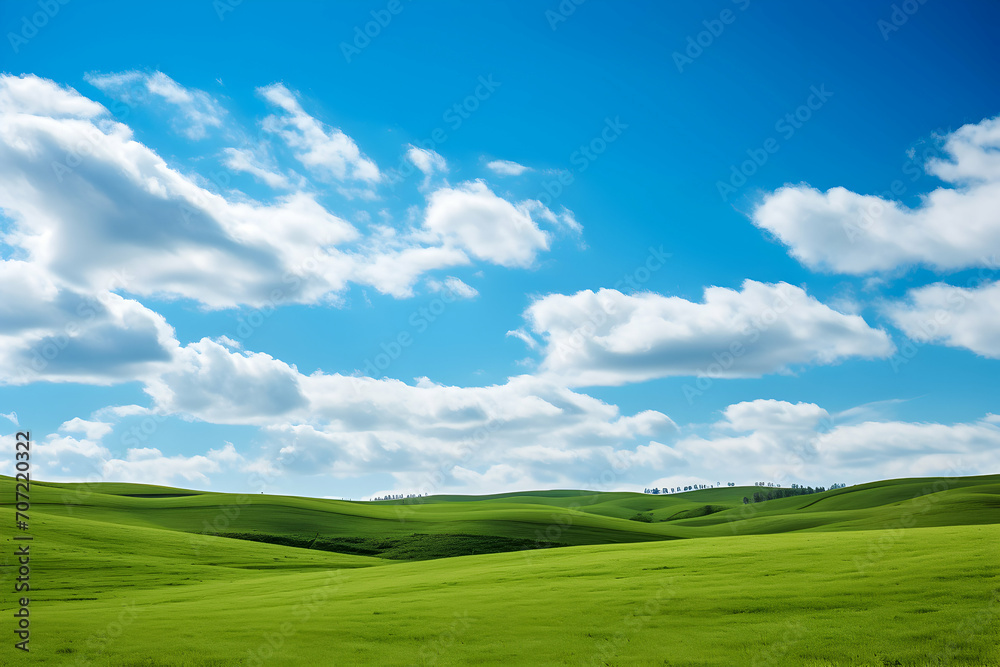 Green field and blue sky with clouds.