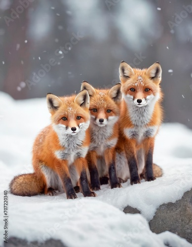 A small group of cute fox cubs in the snow, on a blurred background
