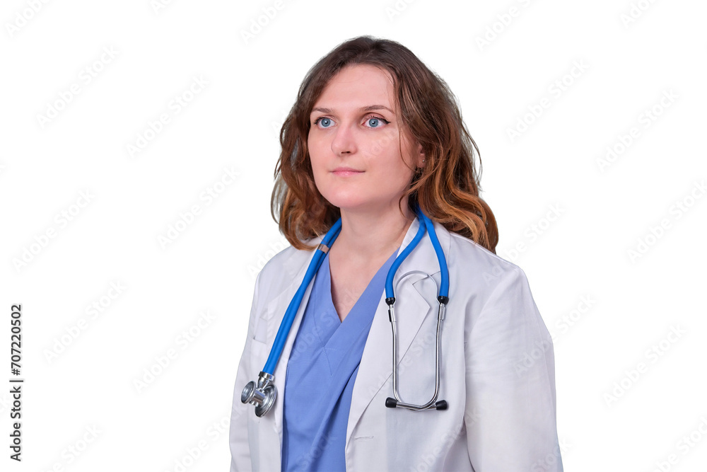 Portrait of female doctor in white uniform, isolated on a white background. Kid aged two months