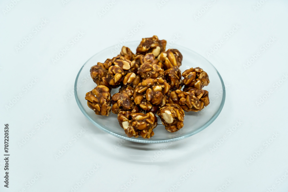 A Plate of Peanut Ladoo for Makar Sankranti which is Peantus dipped in Sweet Jaggery gud in Nepal and India
