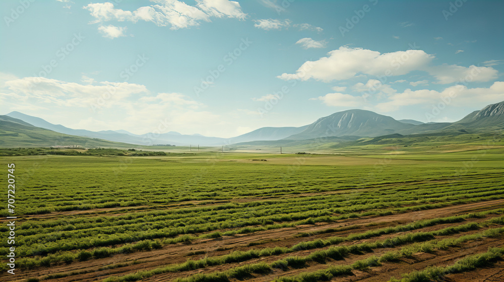 Vast Green Farmlands with Mountain Backdrop, breathtaking expanse of green farmland stretches towards distant mountains under a clear, expansive sky