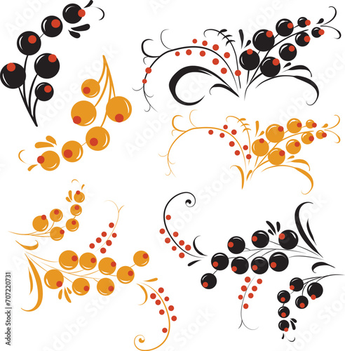 Fototapeta Naklejka Na Ścianę i Meble -  A set of several elements of patterns or ornaments in the Old Russian style. Traditional, folk motif. Vector twigs, berries, flowers, leaves.