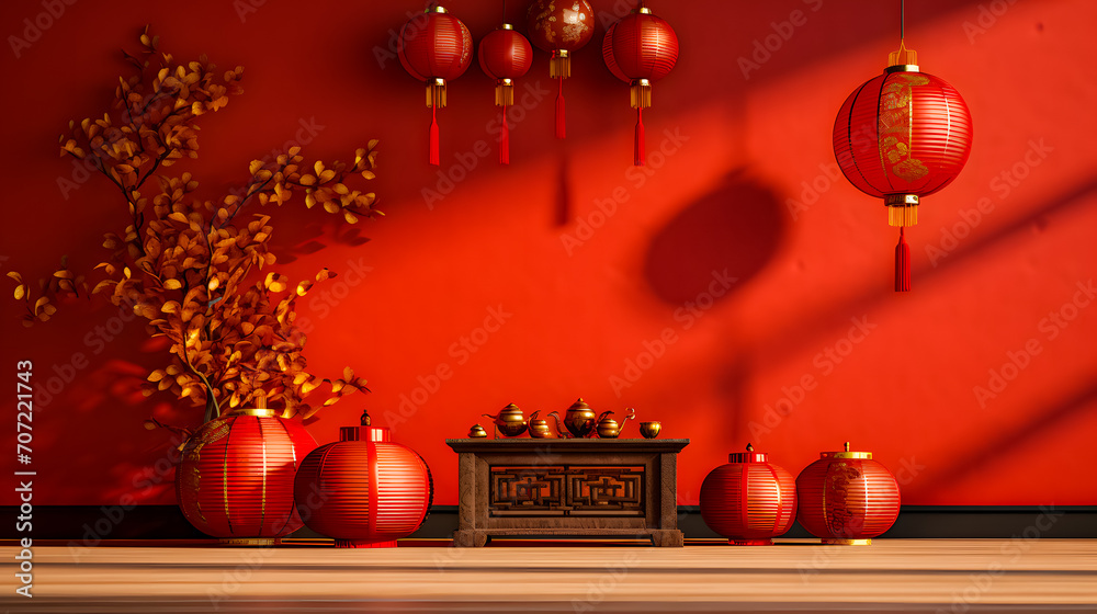 Chinese New Year room decor featuring red lanterns, gold accents, and traditional elements, creating a festive and vibrant atmosphere. Perfect for Lunar New Year and cultural celebrations Chinese New Year room decor featuring red lanterns, gold accents, and traditional elements, creating a festive and vibrant atmosphere. Perfect for Lunar New Year and cultural celebrations
