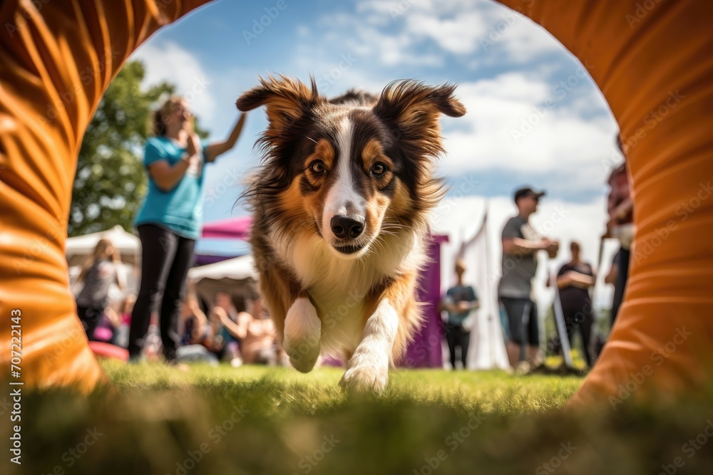 Australian Shepherd running through an agility tunnel during a competition.
