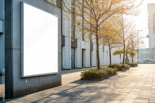Vertical mock-up of city poster with thick edges, blank white billboard in urban settings, empty street information placeholder on sidewalk with copy space for logo, advertising or your messages