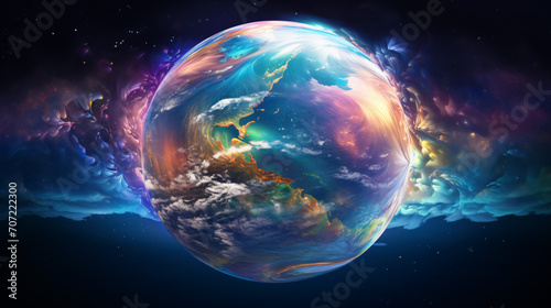 Planet made of beautiful iridescent soap bubble