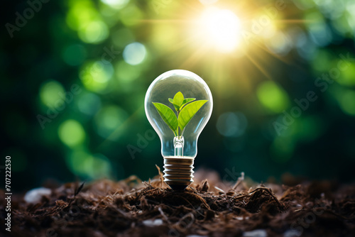 Light bulb on green forest background, sustainable energy and idea concept.