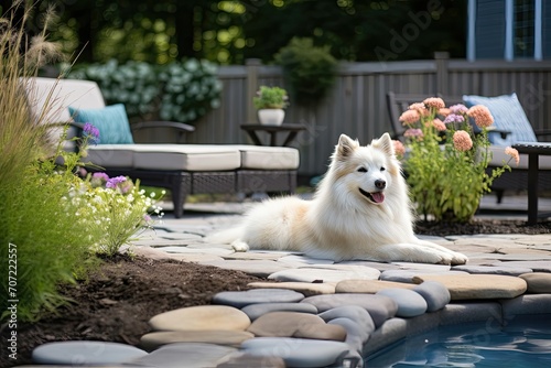 A white dog lounges by a pool in a lush backyard, surrounded by plants and outdoor seating.