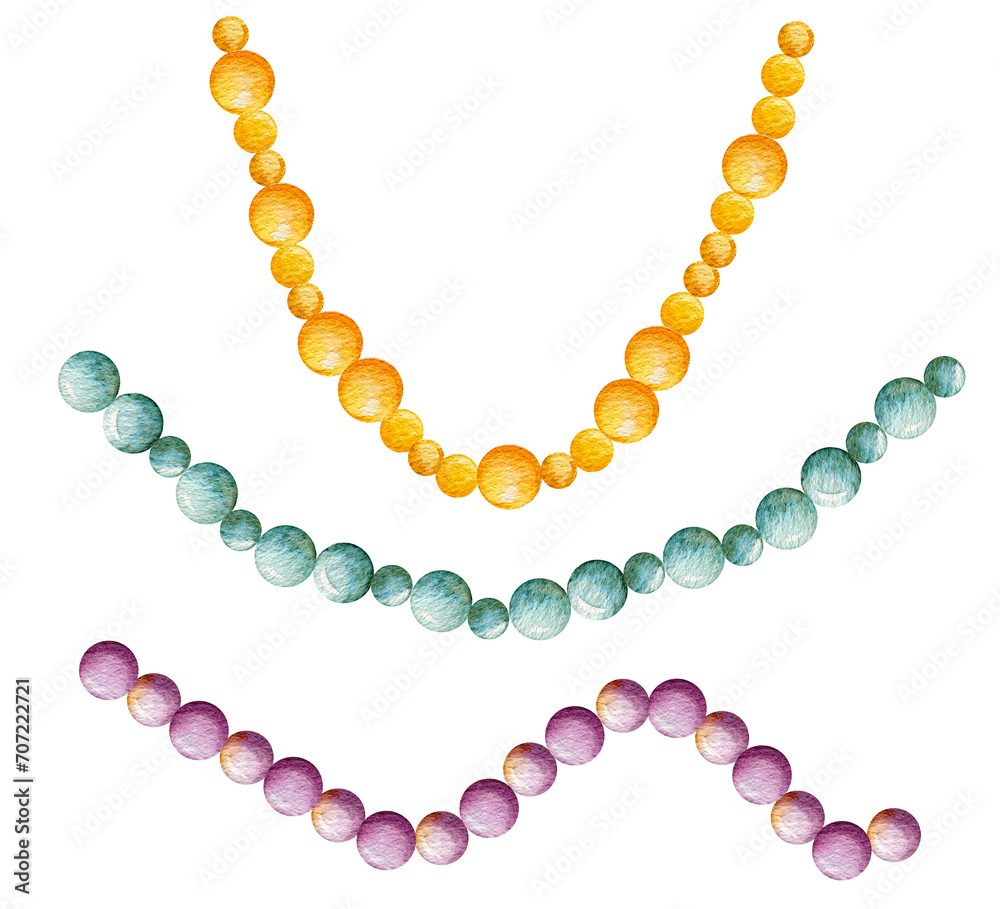 Fototapeta premium Set of watercolor illustrations. Hand drawn purple, green and yellow beads isolated on a transparent background. Masquerades, holidays, Mardi Gras. Clipart.