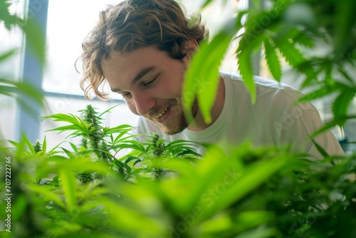 Happy Young Man check the quality of marijuana trees  and smile. Farmer growing hemp and checking plants growth 