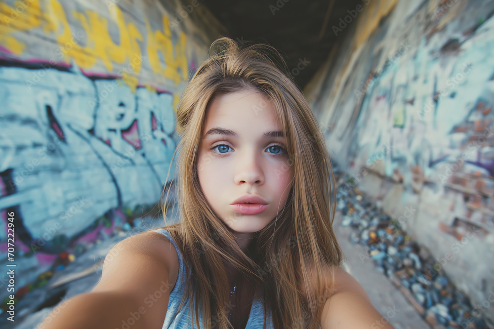  Teenage student girl taking a duck face selfie, ghetto with graffiti ...