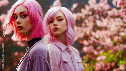 Two stylish people with pink hair look confidently into the camera against a backdrop of cherry blossoms