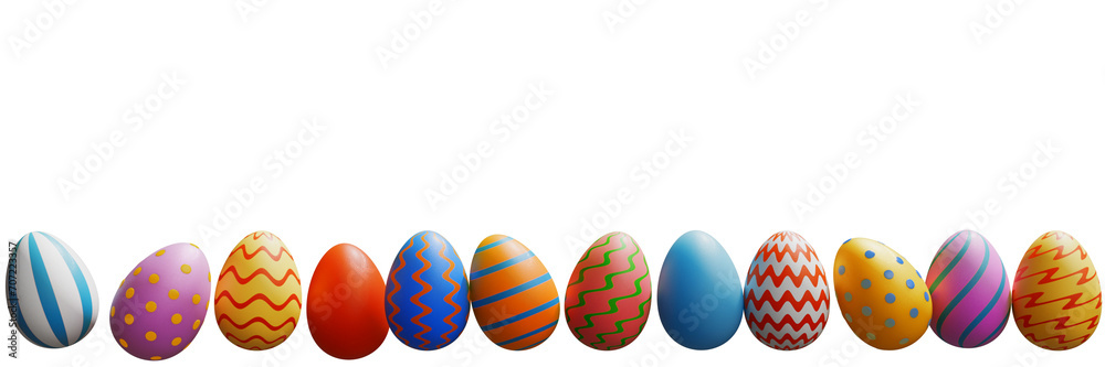 Easter eggs in a row. Banner border 3d rendering - obrazy, fototapety, plakaty 