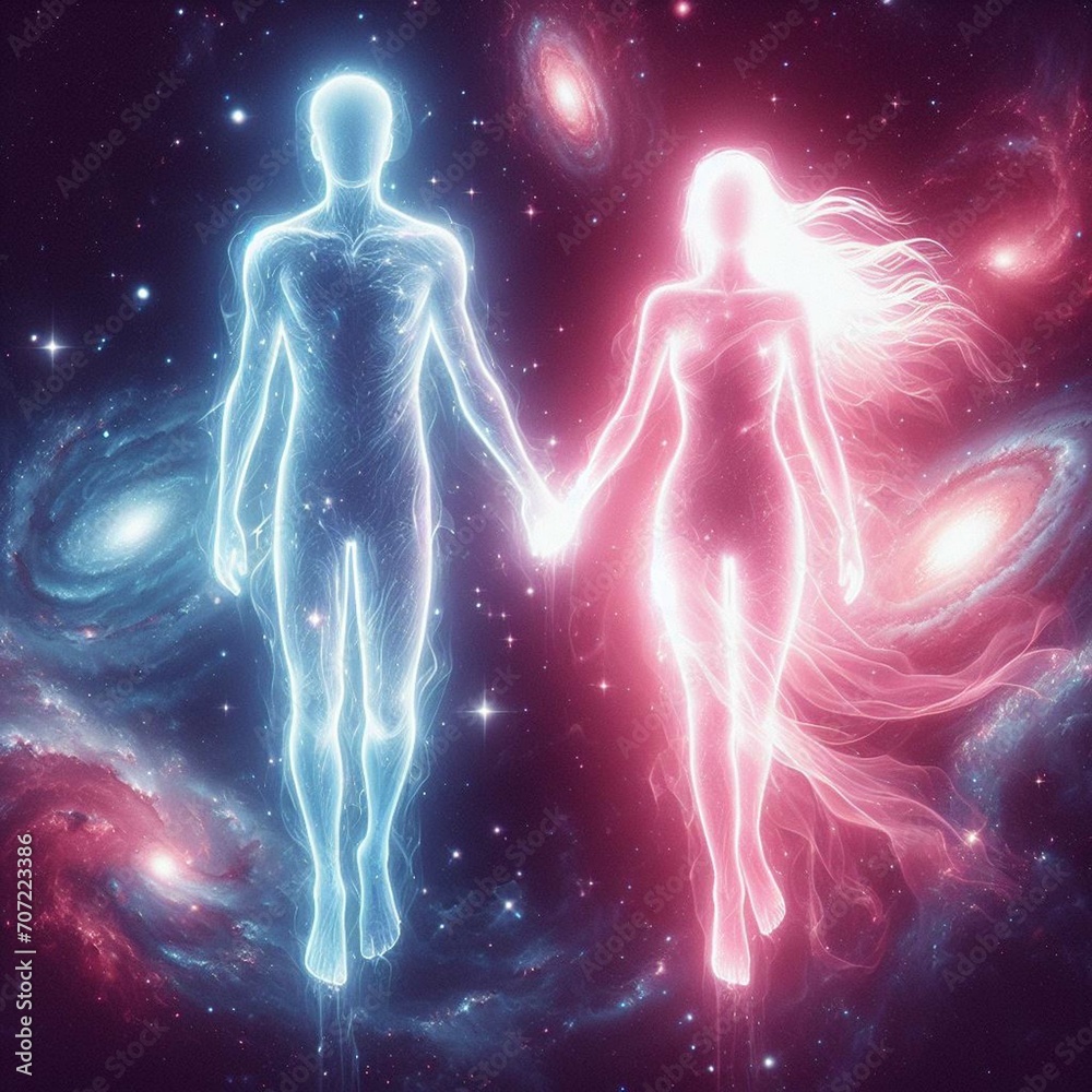 Twin flame couple. Soulmates. The concept of magical, esoteric, tantric, spiritual love. Connection between souls. Illustration for websites and much more. Created using generative ai tools. Twin flame couple. Soulmates. The concept of magical, esoteric, tantric, spiritual love. Connection between souls. Illustration for websites and much more. Created using generative ai tools.
