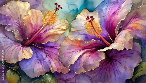 Piękne kwiaty Hibiskusa w stylu alkohol ink painting. Generative AI