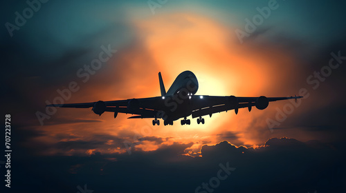 Airplane silhouette against dramatic sunset sky with vibrant orange hues and clouds, depicting travel and adventure.