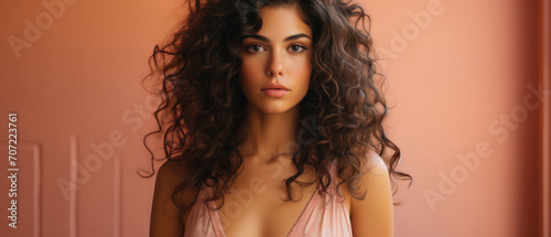 Portrait of beautiful young woman with curly hair looking at camera .