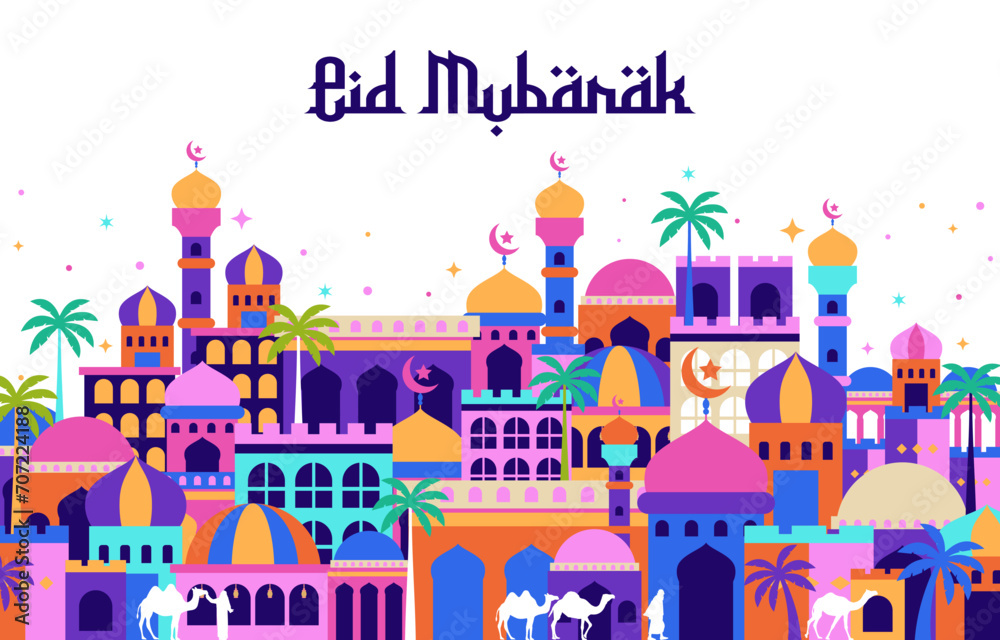 Naklejka premium eid mubarak with arabian city background. vector illustration