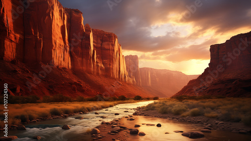 View from the bottom of a canyon with a river flowing through it at sunset with a beautiful orange sky photo