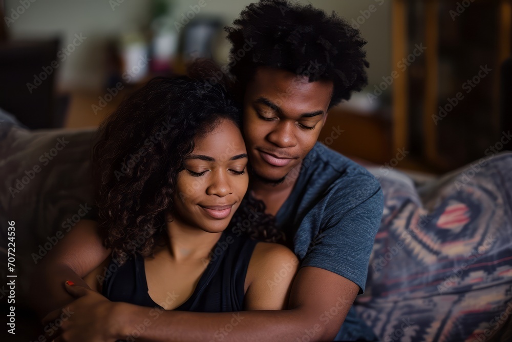 Young ethnic African American couple hugging on valentines day sitting on a couch at home with gifts in romantic mood