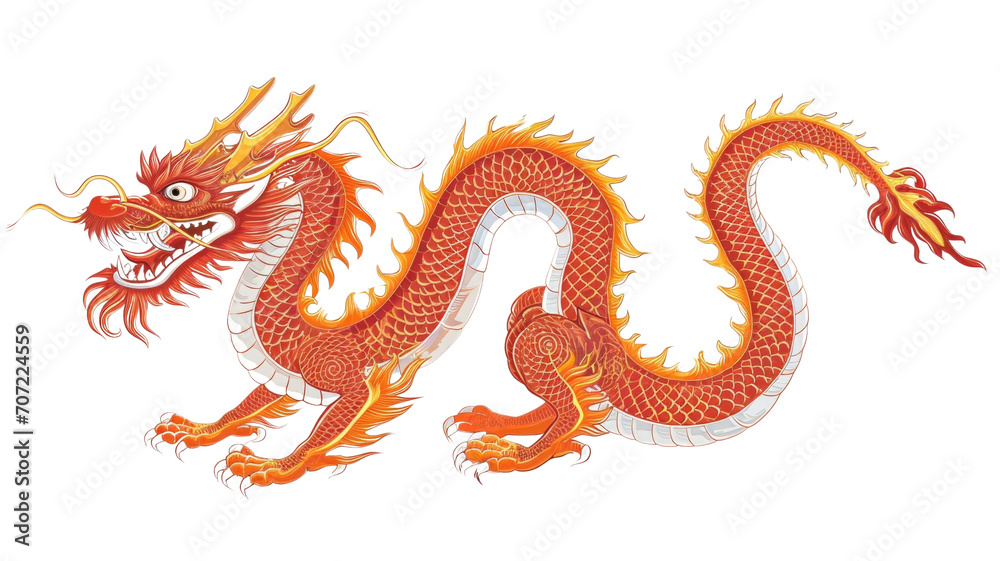 Obraz premium Illustration of a fiery red and orange dragon with intricate scales.