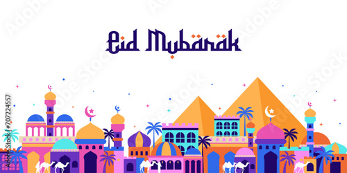 eid mubarak with arabian city background. vector illustration