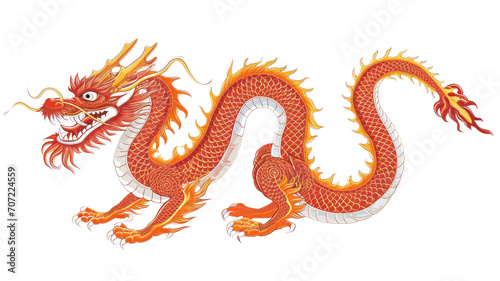 Illustration of a fiery red and orange dragon with intricate scales. © mashimara