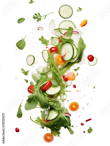 A dynamic arrangement of fresh salad ingredients suspended in mid-air, with droplets of water enhancing their freshness