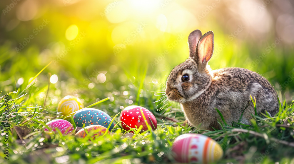 Cute Easter fluffy bunny on a green lawn full of colorful Easter eggs. The concept of holiday, relaxation, tradition. Cute Easter fluffy bunny on a green lawn full of colorful Easter eggs. The concept of holiday, relaxation, tradition.