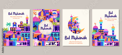 Set of eid mubarak al fitr islamic arabic mosque architecture illustration for a poster banner, cover template. vector illustration photo