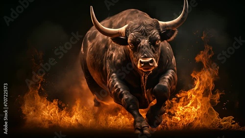 Majestic bull engulfed in flames, charging with intense gaze and powerful stance photo