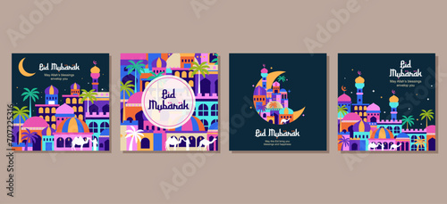 Set of eid mubarak al fitr islamic arabic mosque architecture illustration for a poster banner, cover, social media post template. vector illustration photo
