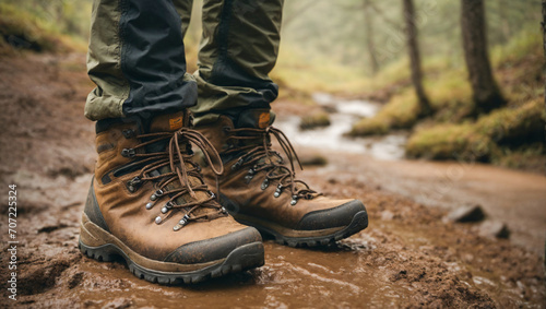 durable hiking boots on the ground in mud and water