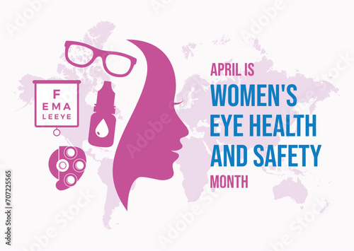 April is Women's Eye Health and Safety Month poster vector illustration. Female face silhouette profile, glasses, eye drops bottle purple icon set. Healthy vision graphic design element. Important day