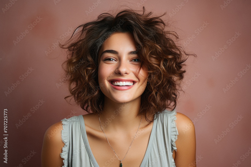Portrait of a beautiful young woman with long curly hair smiling at camera Portrait of a beautiful young woman with long curly hair smiling at camera