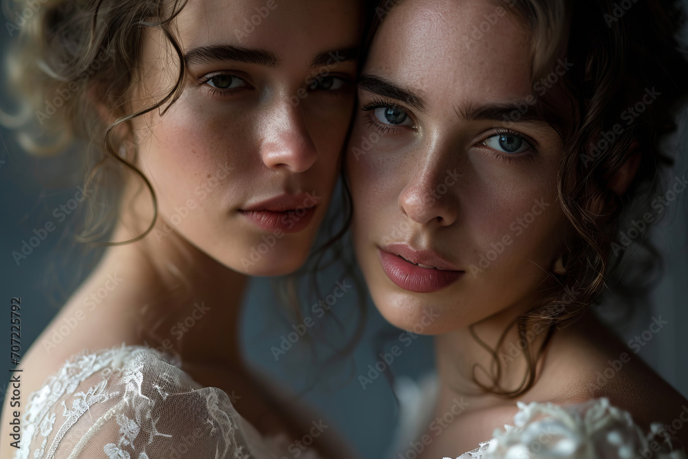 Close up portrait of two beautiful gay LGBT brides hug each other at their own wedding. LGBT love and freedom concept Close up portrait of two beautiful gay LGBT brides hug each other at their own wedding. LGBT love and freedom concept