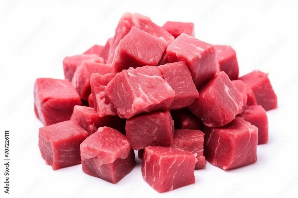 Fresh meat, meat cubes for frying isolated on white. Fresh meat, meat cubes for frying isolated on white.