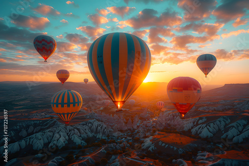 Colorful hot air balloons flying at sunrise over a rugged landscape.