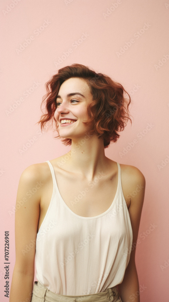 Portrait of a beautiful young woman with curly red hair on a pink background