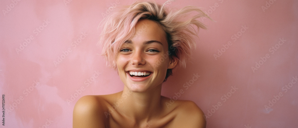 Closeup portrait of a happy young woman with pink hair on a pink background .