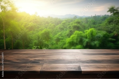 Blank wooden table with nature background. Use for display or product montage. Generative AI