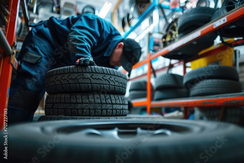 A man tires at an auto shop.