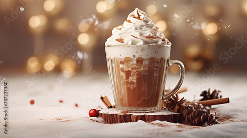  Festive Holiday Hot Chocolate,  luxurious cup of hot chocolate topped with whipped cream and a sprinkle of cinnamon evokes the cozy warmth of the holiday season.
