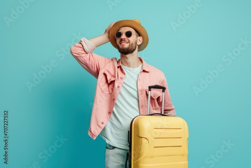 Happy man with suitcase going on summer vacation