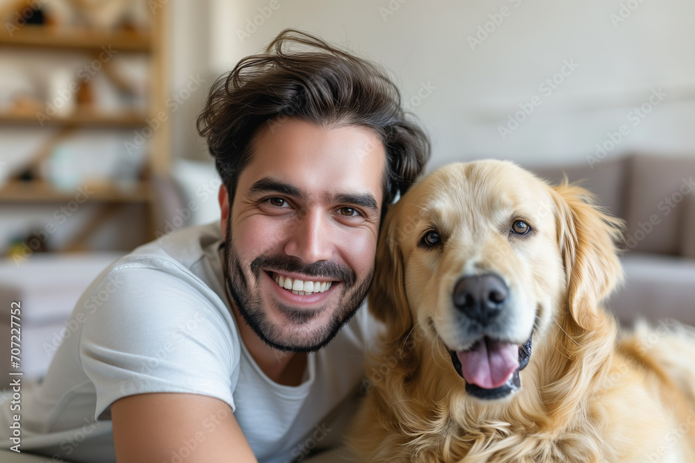 Young adult man with his golden retriever dog in a living room