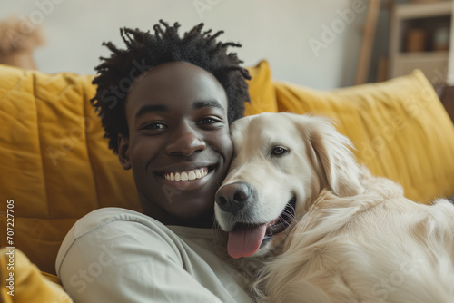 Young adult black man with his golden retriever dog in a living room