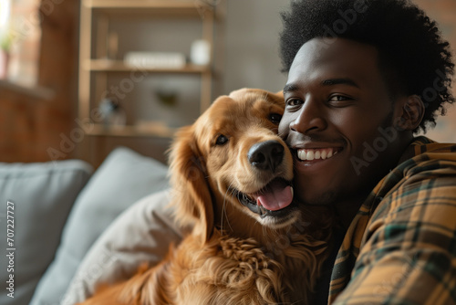 Young adult black man with his golden retriever dog in a living room photo